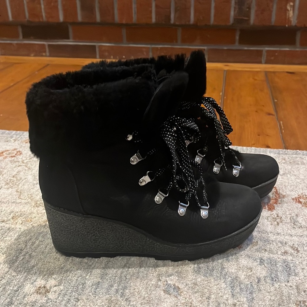 J Crew suede wedge. Fur ankle cuff and fur lined on the inside.